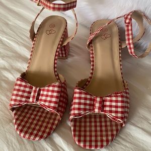 Red gingham sandals with ankle straps